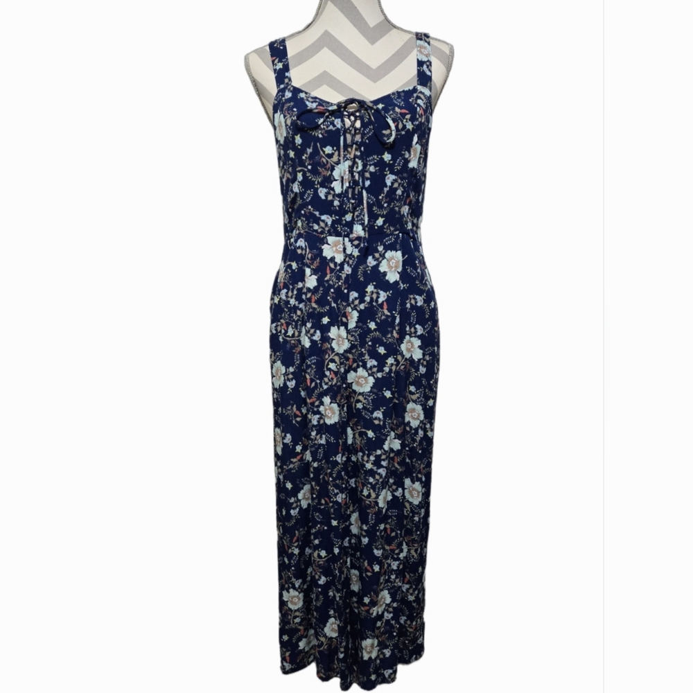 Patrons of Peace Floral Jumpsuit Sleeveless Blue Coral Tan Print Size Medium